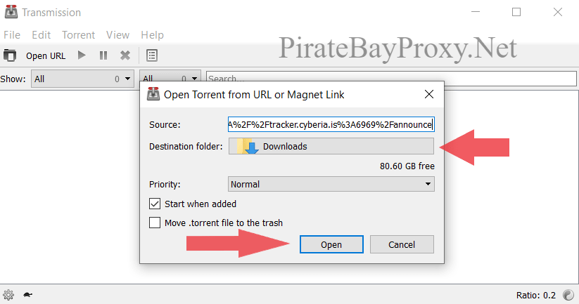 Select download destination for torrent